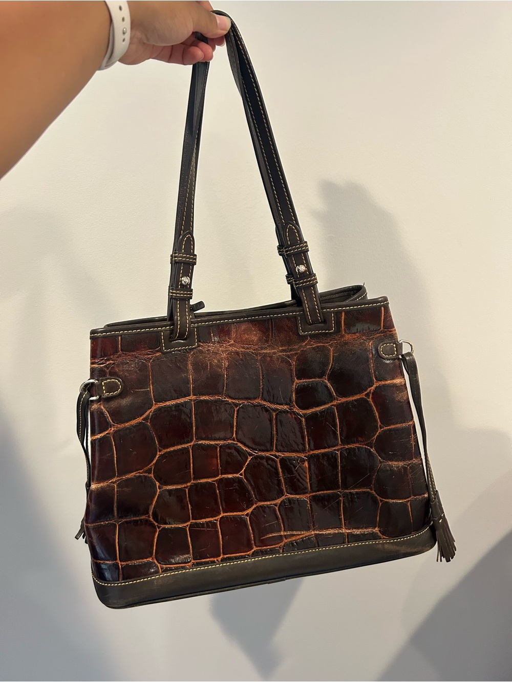 Dooney & Bourke Croco Embossed Leather Tote Bag Brown Crocodile Shoulder Purse - Picture 2 of 16